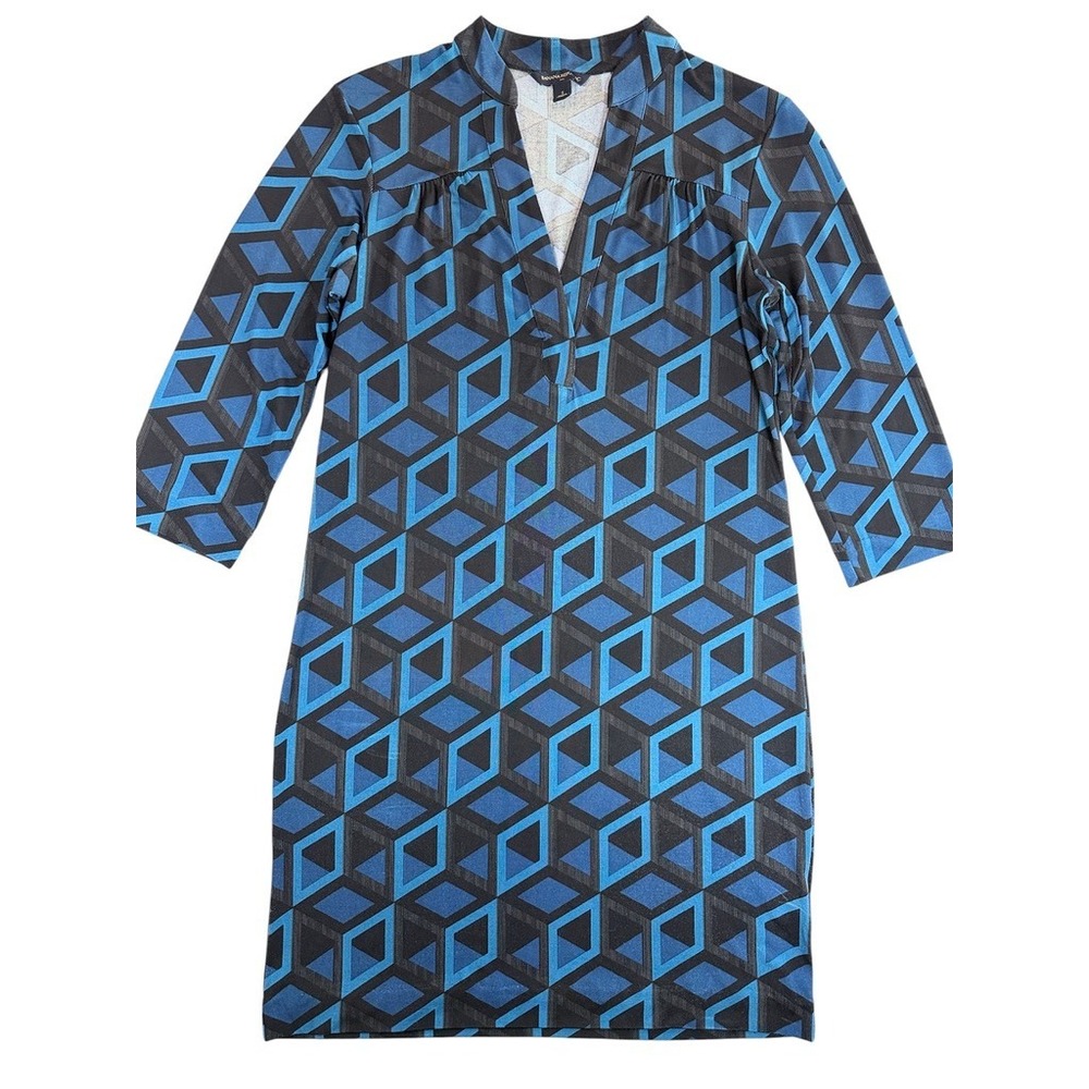 Banana Republic Shift Dress Womens Small Blue‎ Geometric 3/4 Sleeve V-Neck Mini